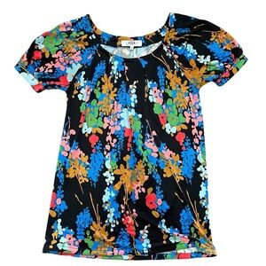Tibi Silk Abstract Floral Art Puff Sleeve Top Size S Black Green Pink Blue